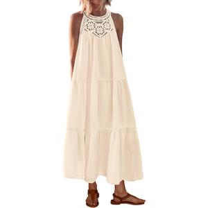BTFBM Halter Summer Dresses for Women 2026 Casual Spring Hollow Out Sleeveless Boho Sundresses Beach Vacation Maxi Dress L