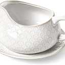 LE TAUCI Gravy Boat with Saucer Stand 24oz, Ceramic Sauce Boat with Tray for Salad Dressings, Creamer, Broth, Black Pepper, Set of 1, Arctic White, Firework (No Ladle)
