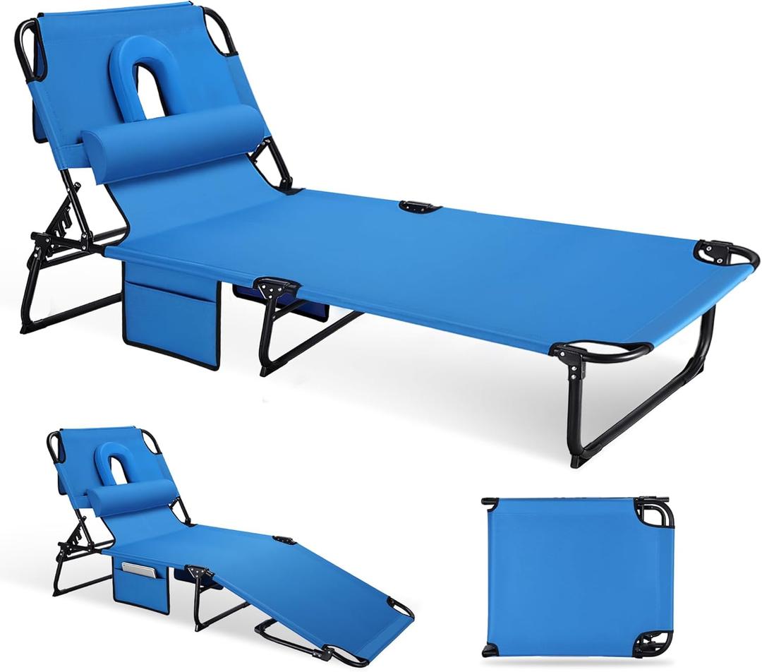 3-in-1 Sun Tanning Chair with Face Holes, Folding Chaise Lounge Chairs, 5-Position Adjustable Lounge Chair Outdoor with 2 Side Pocket & Pillow, for Pool Beach, Patio, Camping, Blue