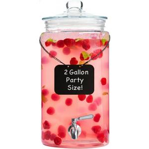 2 Gallon Glass Drink Dispenser with Spout for Parties - Tall Airtight Mason Style Beverage Serveware Stand with Metal Spigot for Kombucha, Water, Juice, Punch, Cocktails, Ice Tea & Sun Tea