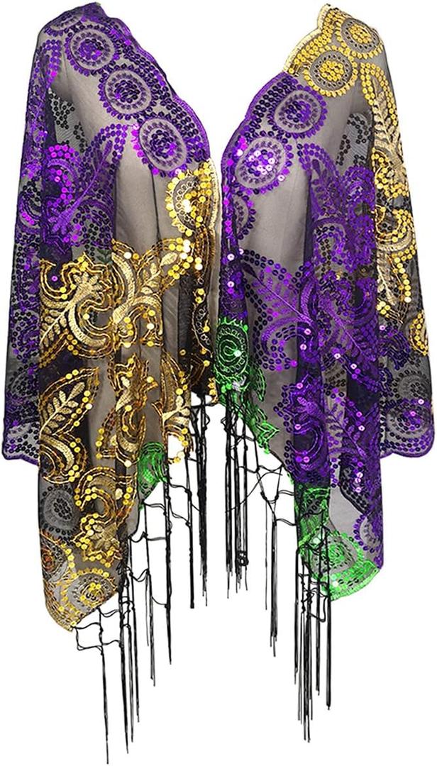 Mardi Gras Shawl Scarf Cape Costume Party Favor Accessories Sequins Mardi Gras Poncho For Women (Green Gold Purple-1pcs), One Size