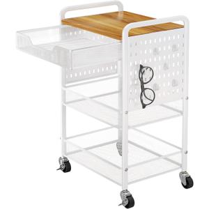 3 Tier Rolling Utility Cart with Wheels - Metal Cart with Wood Tabletop, Slide Drawer and Pegboards & Hooks, Versatile Storage Organizer Cart for Home Office Kitchen, White