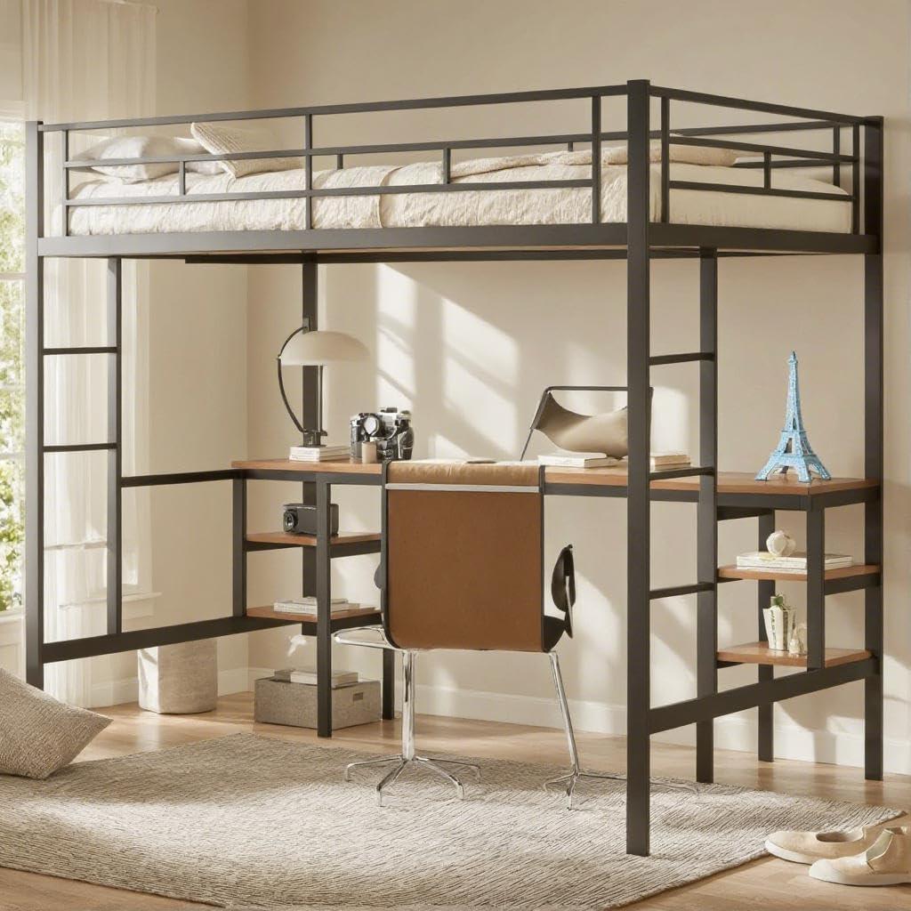 Twin Size Loft Bed with Table & Shelves, Heavy-Duty Metal Bed Frame with 2 Side Ladders, Safety Guardrail for Guest Room, Bedroom, No Box Spring Needed, Black