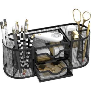 SUPEASY Mesh Desk Organizer, Desk Organizers and Accessories, Pen Holder with Drawers, Pencil Holder for Desk with 2 Drawer for Office Supplies, Black