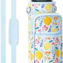 Fimibuke 32 oz Water Bottle with Sleeve - BPA Free Leakproof Sport Large 1L Plastic Motivational Water Bottle with Straw Strap & Insulated Neoprene Holder Carrier Bag Great Xmas Gift for Women Men (Lemon)