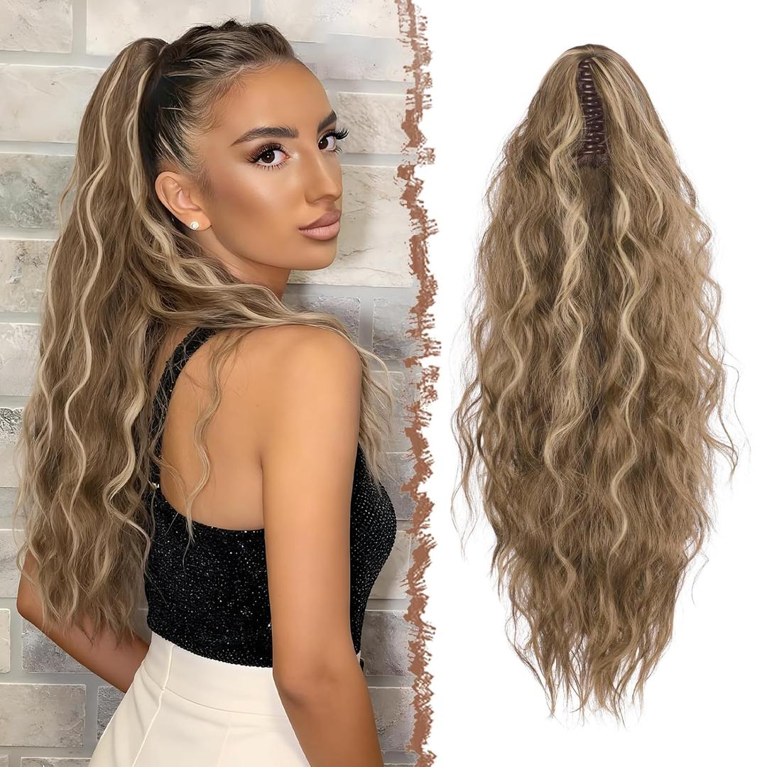 FESHFEN Claw Clip Ponytail Extensions - Long Pony Tail Hair Piece Wavy Curly Synthetic Hairpieces for Women, Light Brown & Blonde 30 inch