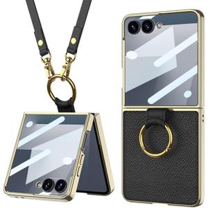 Lunivop Compatible with Samsung Galaxy Z Flip 7 Case with Crossbody Strap Lanyard Ring Kickstand PU Leather Cover Built in Small Screen Protector Full Coverage Phone Case(for Z Flip 7 2025 Black)