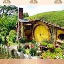 7x5ft Fabric Hobbiton Cave Backdrop New Zealand Hobbiton Log Cabin Photography Background Yellow Wooden Door Green Grass Flowers Fence for Birthday Party Decor
