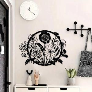 1PC Black Metal Wall Art Decor, Minimalist Rustic Farmhouse Wall Hanging Decorations Wall Sculpture for Living room Bathroom Bedroom Kitchen Office, Christmas New Year Housewarming Gifts (Flowers)