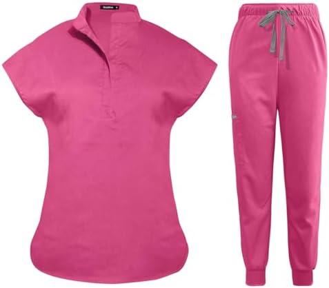 Niaahinn Scrubs Set for Women Nurse Uniform Jogger Suit Stretch Top & Pants with Multi Pocket for Nurse Esthetician Workwear Pink M