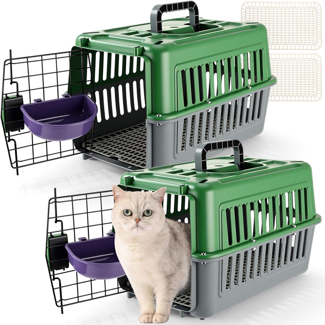 2 Set Travel Pet Carriers for Small Cat Dog Plastic Hard Shell Carrier Cat with Bowl Wire Door Grille Mat Portable Breathable Security Lock Puppy Kennel for Travel Airline, 17.5", up to 13lbs(Green)