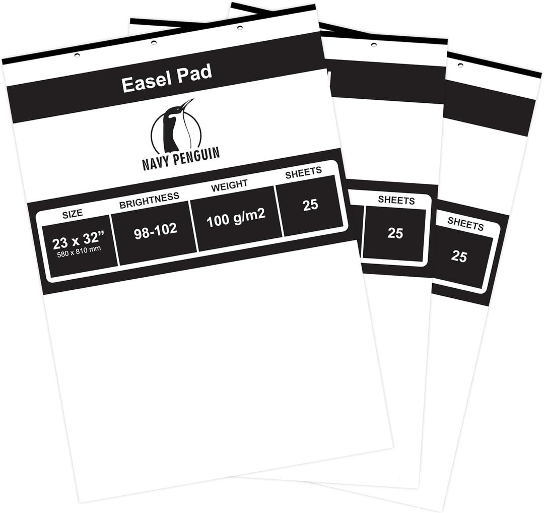 Navy Penguin Easel Pad 23x32-3 Pack (75 Sheets) - Flip Chart Paper, 25 Sheets/Pack, Plain White, Poster Flipchart 100 gsm - Large Drawing Pad for Home, Office, Craft, Art, Presentation