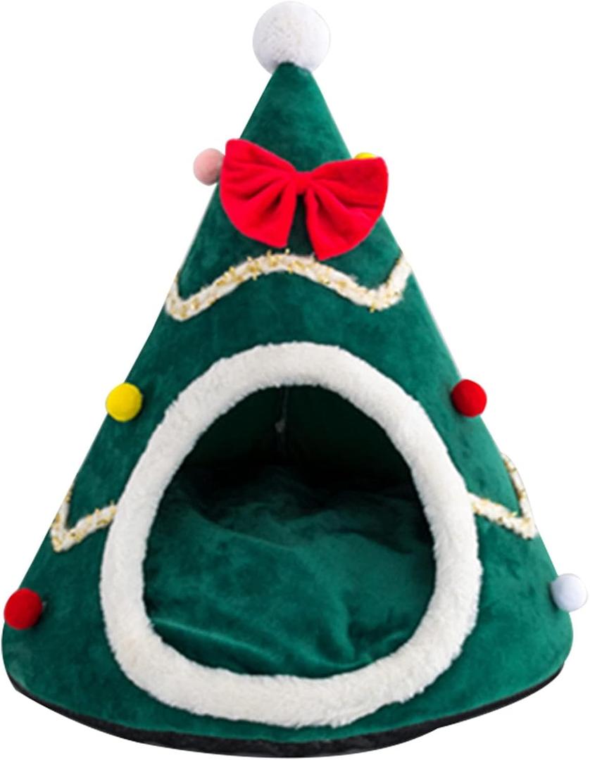 Christmas Tree Shape Cat Bed Pet Beds for Small and Medium-Sized Dogs Cats Sleeping Bag Cushion,Indoor Xmas Cat House, Portable Cat Igloo Bed Cave for Small Dogs Cats Kitten Bed.,38x40cm,Green