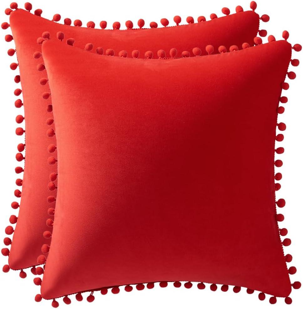 Throw Pillow Covers 20x20 Red: 2 Pack Cozy Soft Pom-poms Velvet Square Decorative Pillow Cases for Farmhouse Home Decor