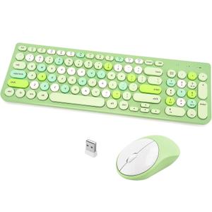 Wireless Keyboard and Mouse Combo, Retro Typewriter Keyboard with Round Keycaps, 2.4GHz USB Cute Wireless Keyboard Mouse for Computer, Desktop, Laptop (Green Colorful)