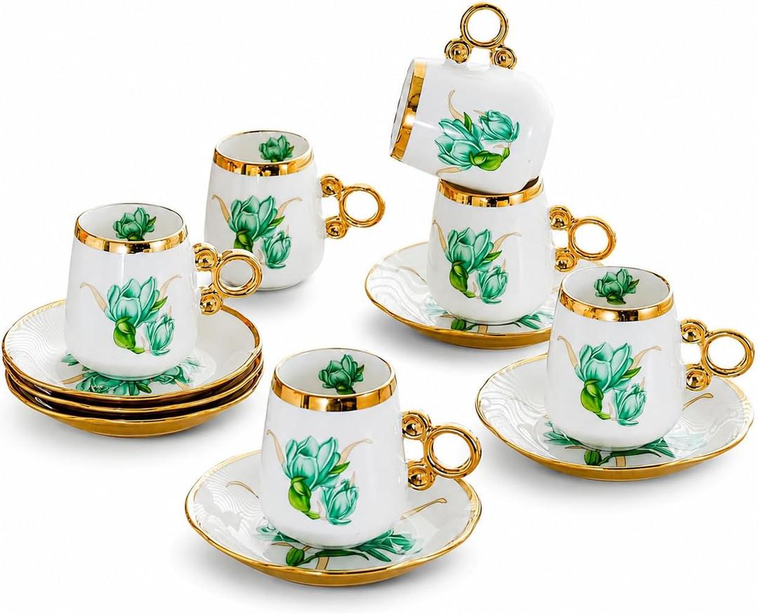 Porcelain Tea Set with Floral Designs, Gold Trim, 12 Pieces (Green 100ml 6 cups 6 plates)
