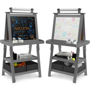 Elevon Art Easel for Kids, 3 in 1 Adjustable Wooden Kids Drawing Easel, Double-Sided Whiteboard, Chalkboard & Paper Roll, 2-Tier Rack with 2 Storage Boxes, Standing Easel for for Painting & Drawing