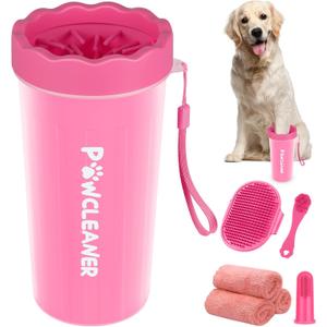 Professional 7 in 1 Dog Paw Cleaner for Dogs & Cats - Includes 1 Portable Paw Washer, 1 Bath Brush, 2 Dog Toothbrushes and 3 Absorbent Towels Note: Fits Paws 2.5 to 3.5 Inches Wide (Large, Pink)