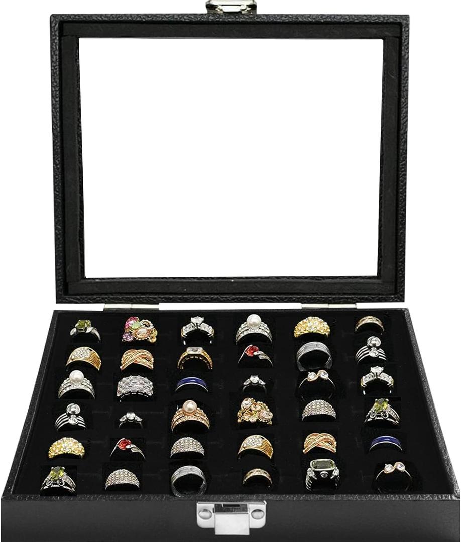 OSPNIEEK Ring Jewelry Organizer Box, 36 Slots Rings Display Storage Case Earring Showcase - Black Velvet Jewelry Stand Holder Tray with Transparent Glass Lid - Ideal Gift for Women Girl