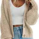 PRETTYGARDEN Women's Chunky Knit Open Front Sweater Long Sleeve Button Loose Short Cardigan Outerwear Coats (Medium, Apricot)