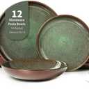 Pokini 12 Piece Dinnerware Sets with Pasta Bowls, Stain Resistant Dish Set, Easy Cleaning Dishes, Multi-Functional Plate and Bowl Set, Stack Compactly Plates, Service for 4 Sage Green