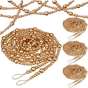 Loetere 4 Pcs 72 ft Christmas Tree Wood Bead Garland Christmas Wooden Beads Garland Hanging Boho Xmas Decor Rustic Farmhouse Home Decor for Table Wall Holiday Mantel Ornaments (Gold)