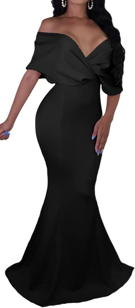 GOBLES Women Sexy V Neck Off The Shoulder Evening Gown Fishtail Maxi Dress (Medium, Black)