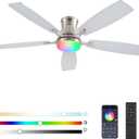 FUMLTP Ceiling Fans with Lights, 54inch RGB Low Profile Ceiling Fan with Light and Remote/App Control, Flush Mount, Dimmable, Reversible DC Motor, Noiseless, 6 Speeds Nickel Ceiling Fan for Bedroom