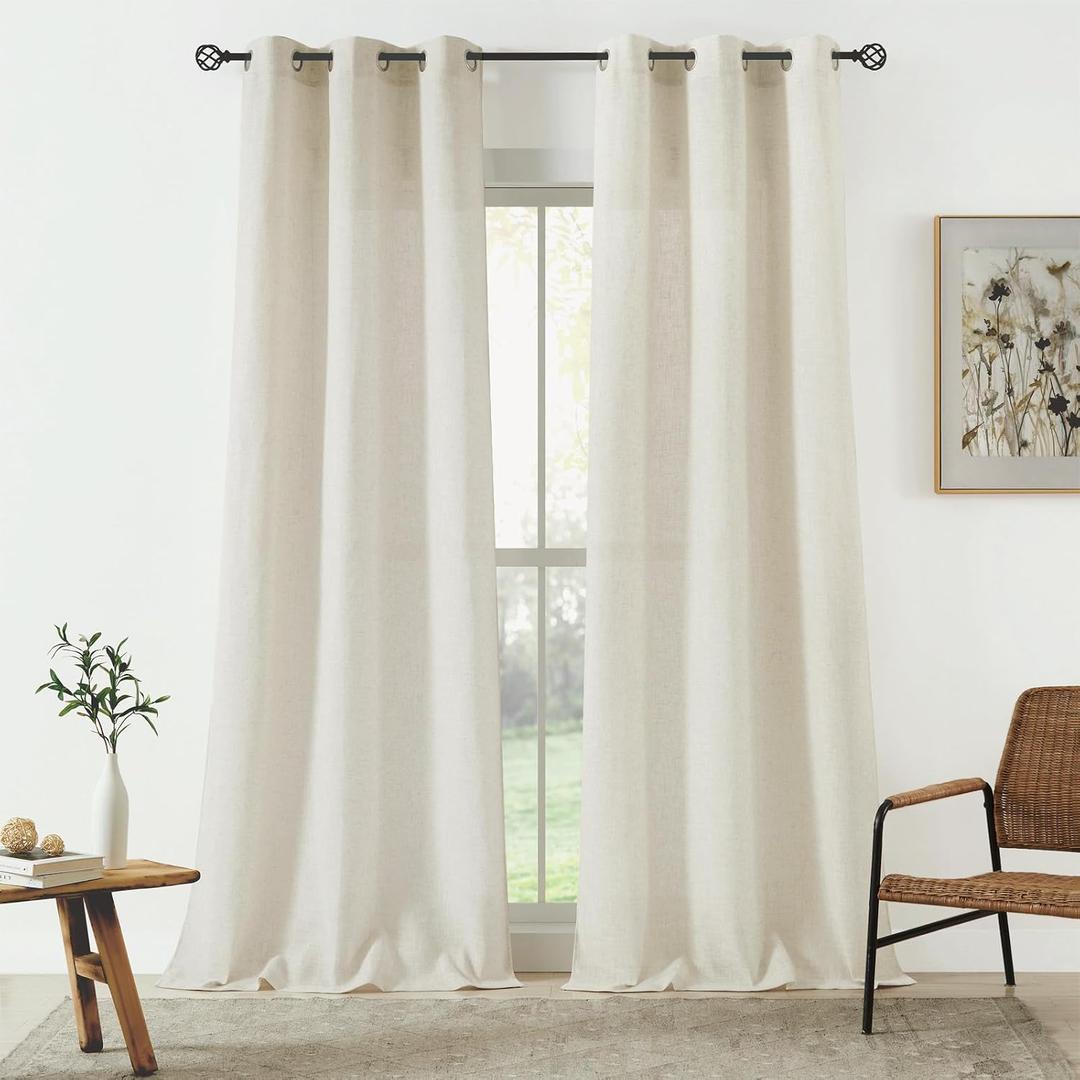 Natural Linen Blended Curtains for Living Room Bedroom, Linen Textured Semi Sheer Boho Curtain Panels, Light Filtering Grommet Top Window Treatments Set,2 Panels 40 x 54 Inches