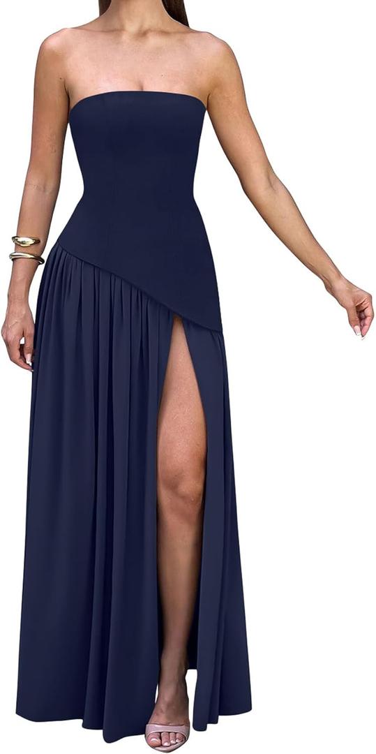 Memoriesea Women's Elegant Strapless High Split A Line Flowy Party Cocktail Maxi Dress, Large 