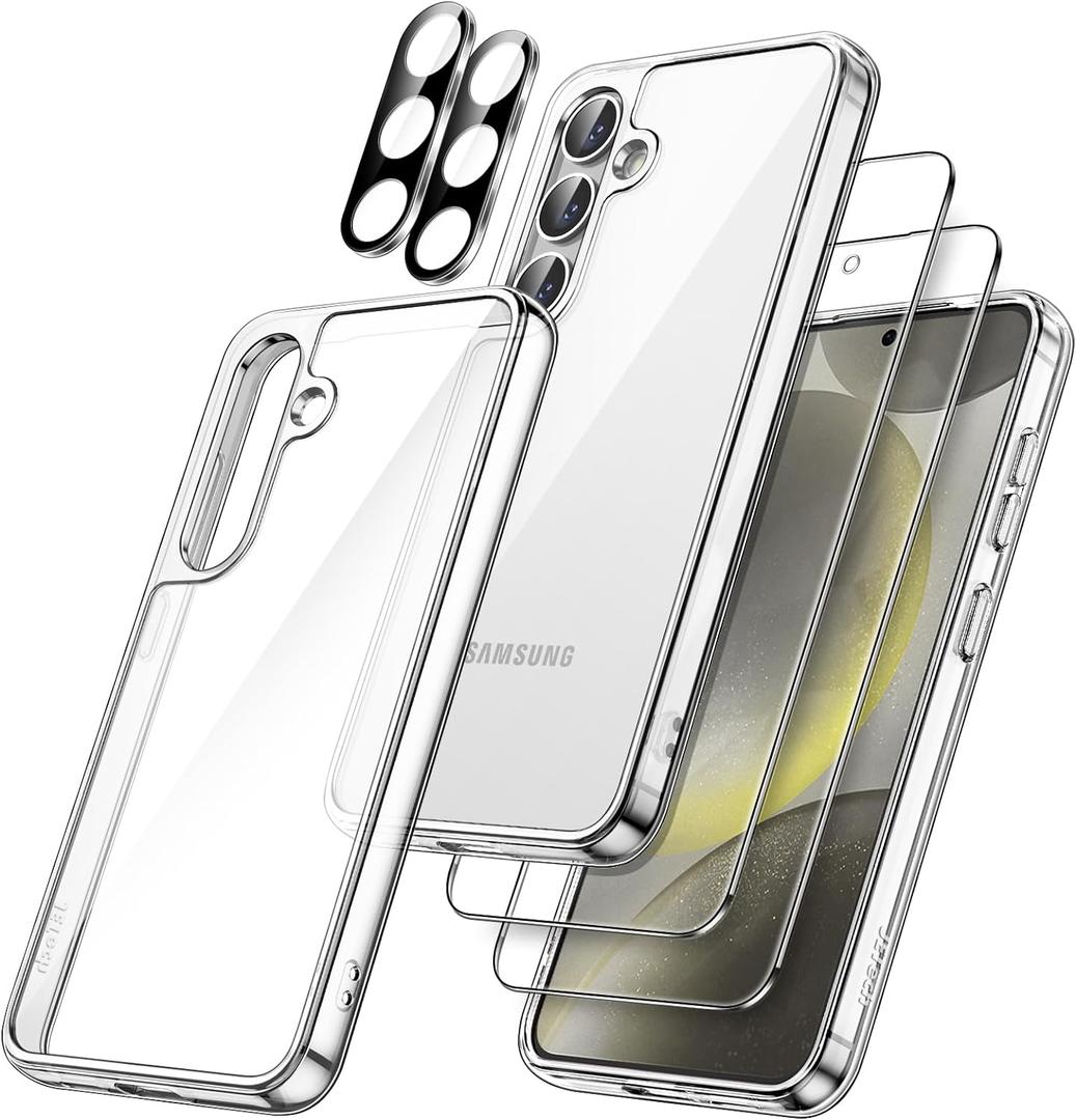JETech 5 in 1 Case for Samsung Galaxy S24 5G with 2-Pack Each Tempered Glass Screen Protector and Camera Lens Protector, Non-Yellowing Shockproof Bumper Phone Cover (Clear)