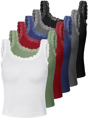 6 Pieces Lace Camisole Tank Tops Lace Trim Camisole Straps Womens Cami Undershirt Ribbed Tank Tops for Women(L Size,Black, Dark Gray, Navy Blue, Wine Red, Military Green, White)
