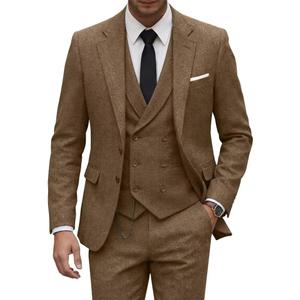 Men Tweed Suits Brown Slim Fit 3 Piece Herringbone Wool Suit Mens Wedding Groomsmens Prom Party Blazer Vest Pants 3XL
