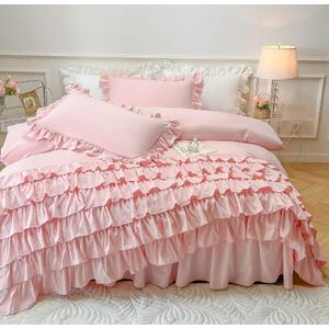 MOOWOO Waterfall Ruffle Duvet Cover Queen 3 Piece Shabby Chic Bedding Solid Color Soft and Breathable with Zipper Closure & Corner Ties (Pink, Queen)