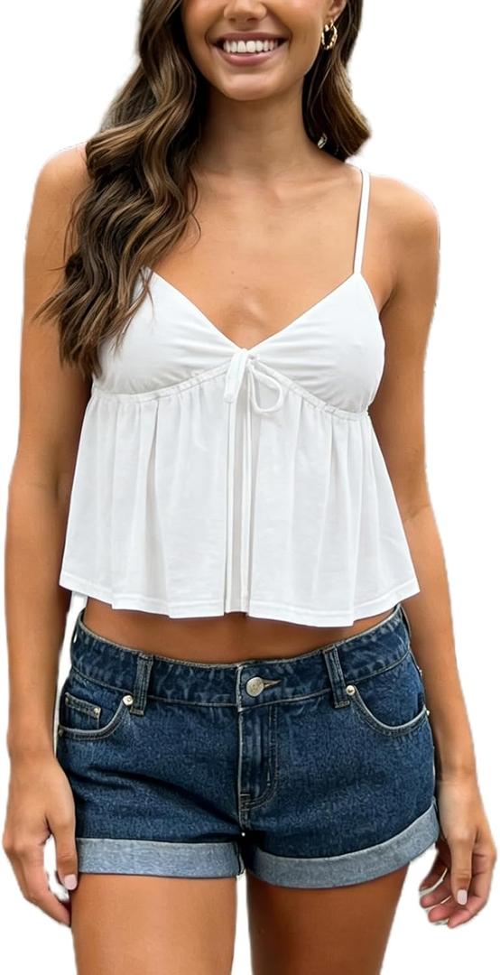 Women's Y2K Babydoll Cami Top Sleeveless V Neck Tie Front Crop Top Ruffle Hem Peplum Tank Shirt Going Out Camisole (White, S)