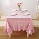 Pink White Plaid Ruffled Table Cloth Rectangular, 100% Washed Cotton Buffet Cottage Coquette Checker Gingham Vintage Decorative Tablecloth - 120"x60"