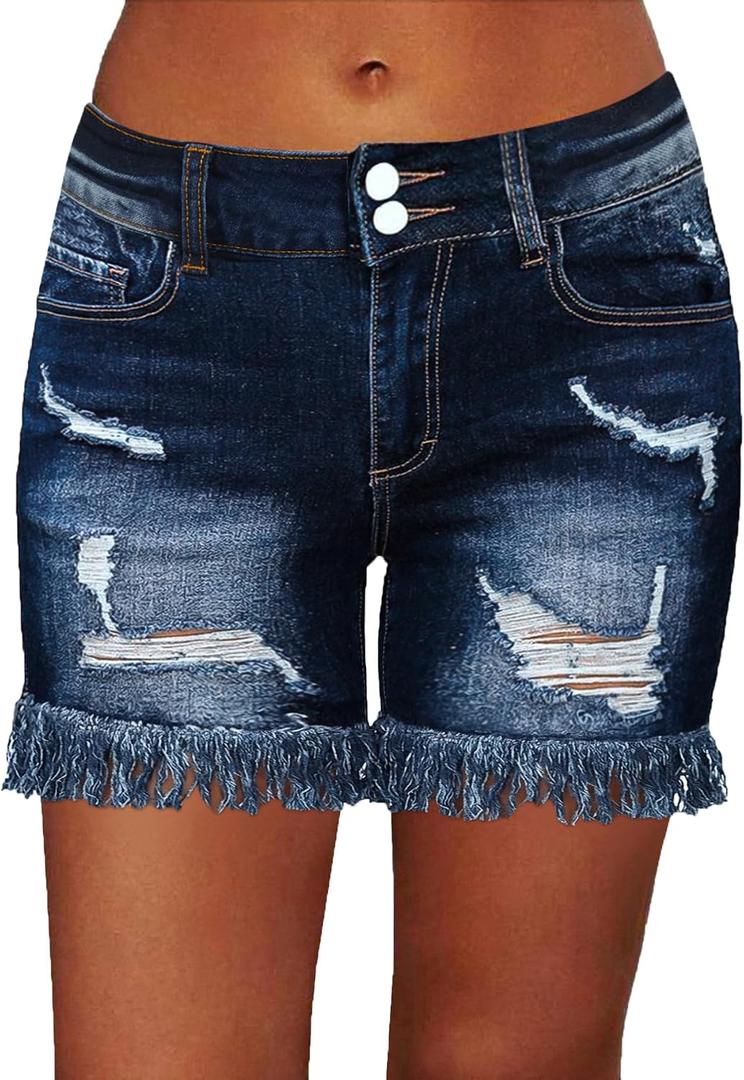 Flamingals Ripped Stretchy Jean Shorts for Women Raw Hem Low Waist Casual Trendy Denim Shorts (Blue, XXL)