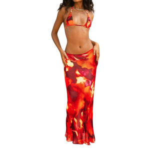 GORGLITTER Women's 3 Piece Swimsuits Tie Dye Y2k Halter Triangle Thong Bikini Sets with Cover Up Skirt L
