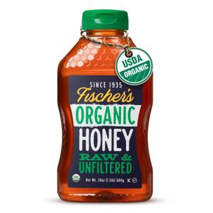 Fischer's 100% Organic Honey, USDA Certified, 24 Oz Pure, Raw & Unfiltered Honey All-Natural Sweetener Rich Flavor Profile, Packed with Nutrients (EXP 01/29/29)