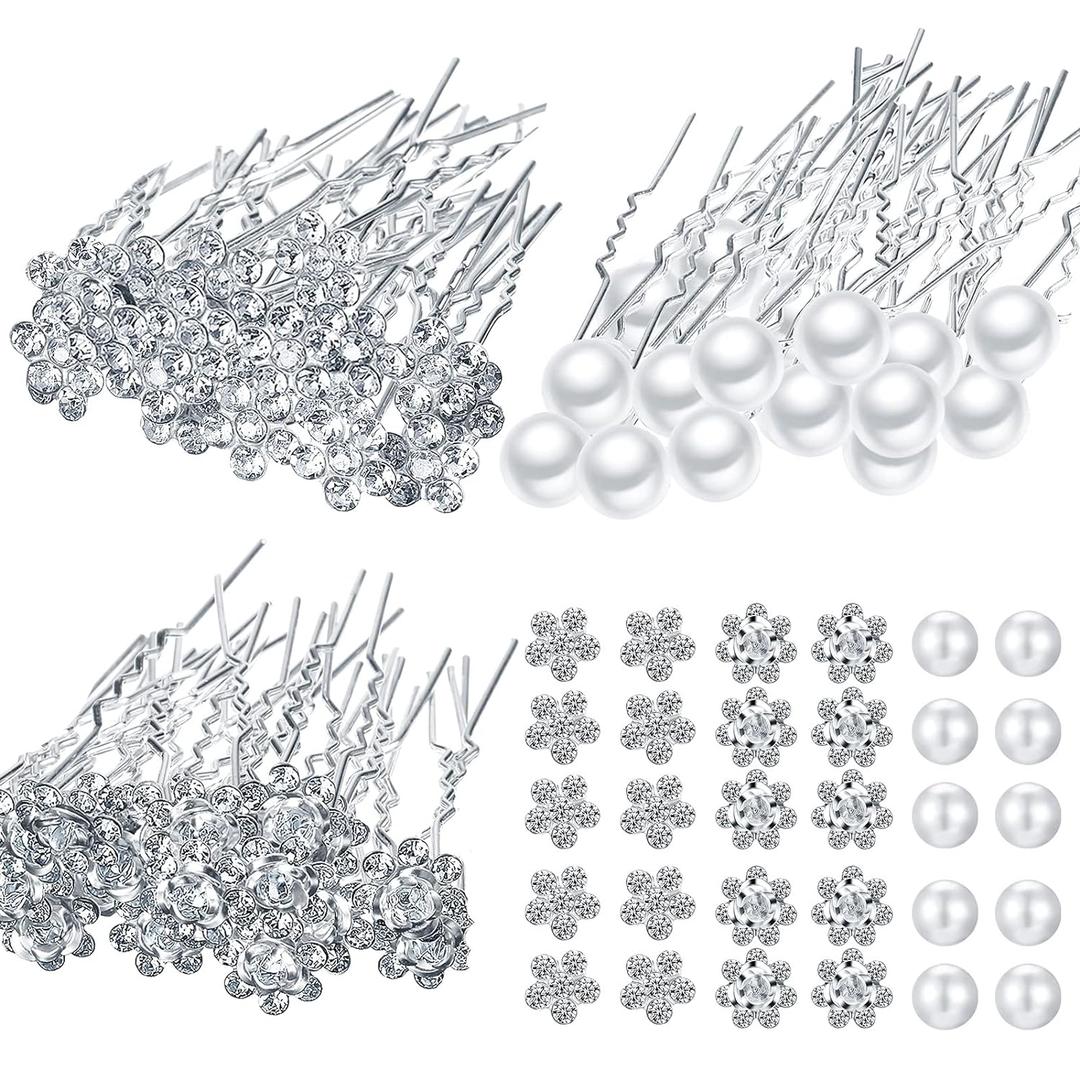 60 Pieces Bridal Wedding Hair Pins Silver Pearl Rhinestone Crystal Flower U Shape Clips Diamond Jewelry Updo Hair Barrettes Prom Styling Decorations Accessories for Brides Bridesmaids Women