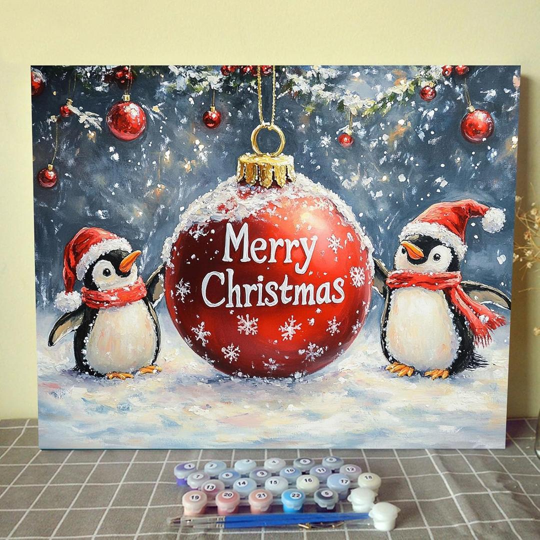 Aihonmin Merry Christmas Paint by Numbers for Adults Beginner Xmas Snow Oil Painting Kits on Canvas with Brushes Cute Penguin Painting Crafts DIY Home Wall Decor Gifts 16X20 Inch (Frameless)