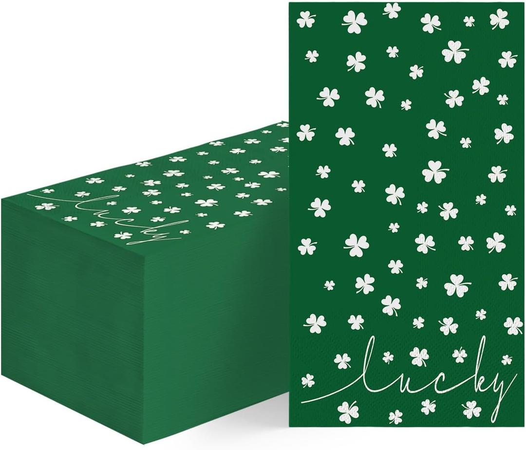 Horaldaily 50 Patrick Spring Summer Disposable Paper Decorative Guest Napkins, Patrick Green Lucky Shamrock Hand Towel for Party Lunch Dinner Kitchen Bathroom (4.3 X 7.9 inches)