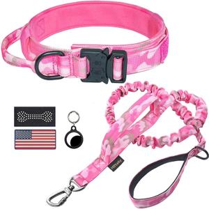Hotsky Tactical Dog Collar and Leash Set, Heavy Duty Military Airtag Dog Collar with Handle and Metal Buckle for Training and Walking, with Airtag Holder and Two Patches(Pink Camo, XL) (XL(20"-23.5"))