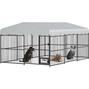 Outdoor Dog Kennel, Large Dog Enclosures with Waterproof Cover, Feeding Doors, Large Dog Kennel Outdoor for Garden Backyard10157FT