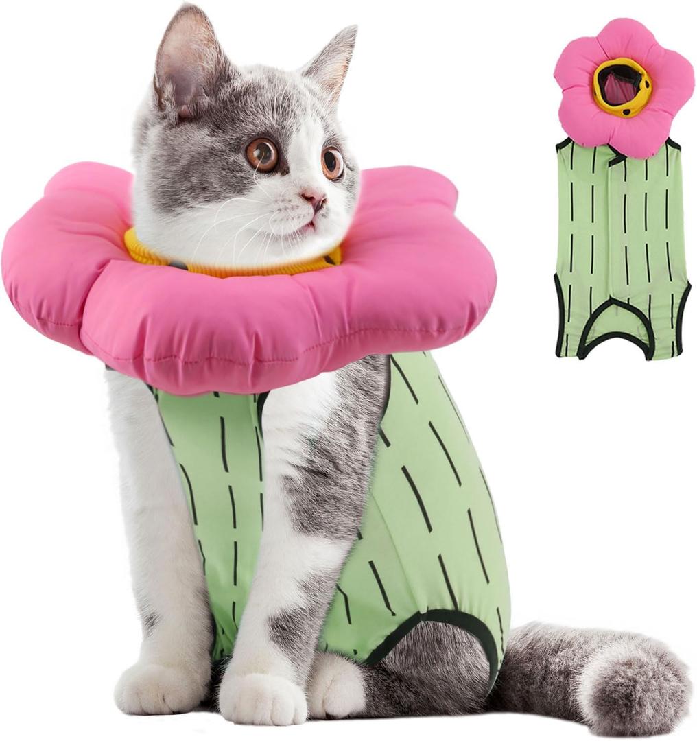 EMUST Cat Recovery Suit and Cat Surgery Suit, Cats Surgical Suit for Abdominal Wounds, Soft & Adjustable Flower Cats Cone Collar, After Surgery for Female Kittens Under 4lb (Green, S)