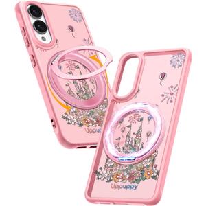 for Samsung Galaxy S25 Edge Case with 360 Rotatable Magnetic Ring - Compatible with MagSafe, Semi-Transparent Soft-Touch Material Shockproof, Cute Pink Castle Design for Women Girl