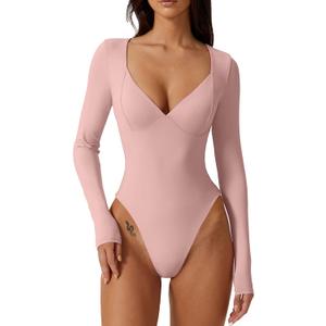 QINSEN Women's Long Sleeve Bodysuit V Neck Body Suits Seamed Cup Going Out Tops Shirt (Pink, Small)