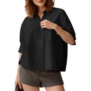 Womens Summer Button Down Shirt Half Sleeve Blouses Dressy Business Casual High Low Crop Tops with Pocket L