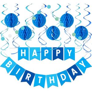 Blue Birthday Decorations Kit - 16-Piece Set with Pre-Strung Happy Birthday Banner, Honeycomb Balls, Garland & Swirls | Blue Theme Party Supplies for Men Boys Kids, Teens Adults