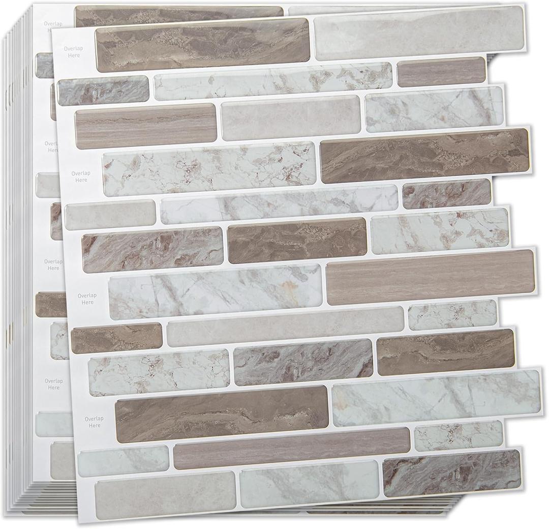 WOWSTAR 10-Sheet Peel and Stick Tiles, Marble Look Kitchen Backsplash Tiles, 12"x12" Multi (Brown)